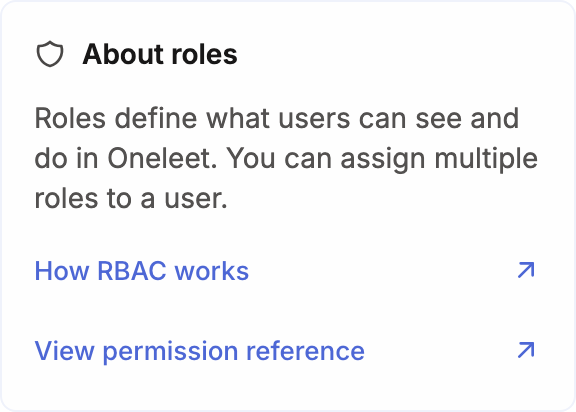 About roles panel with How RBAC works and View permission reference links