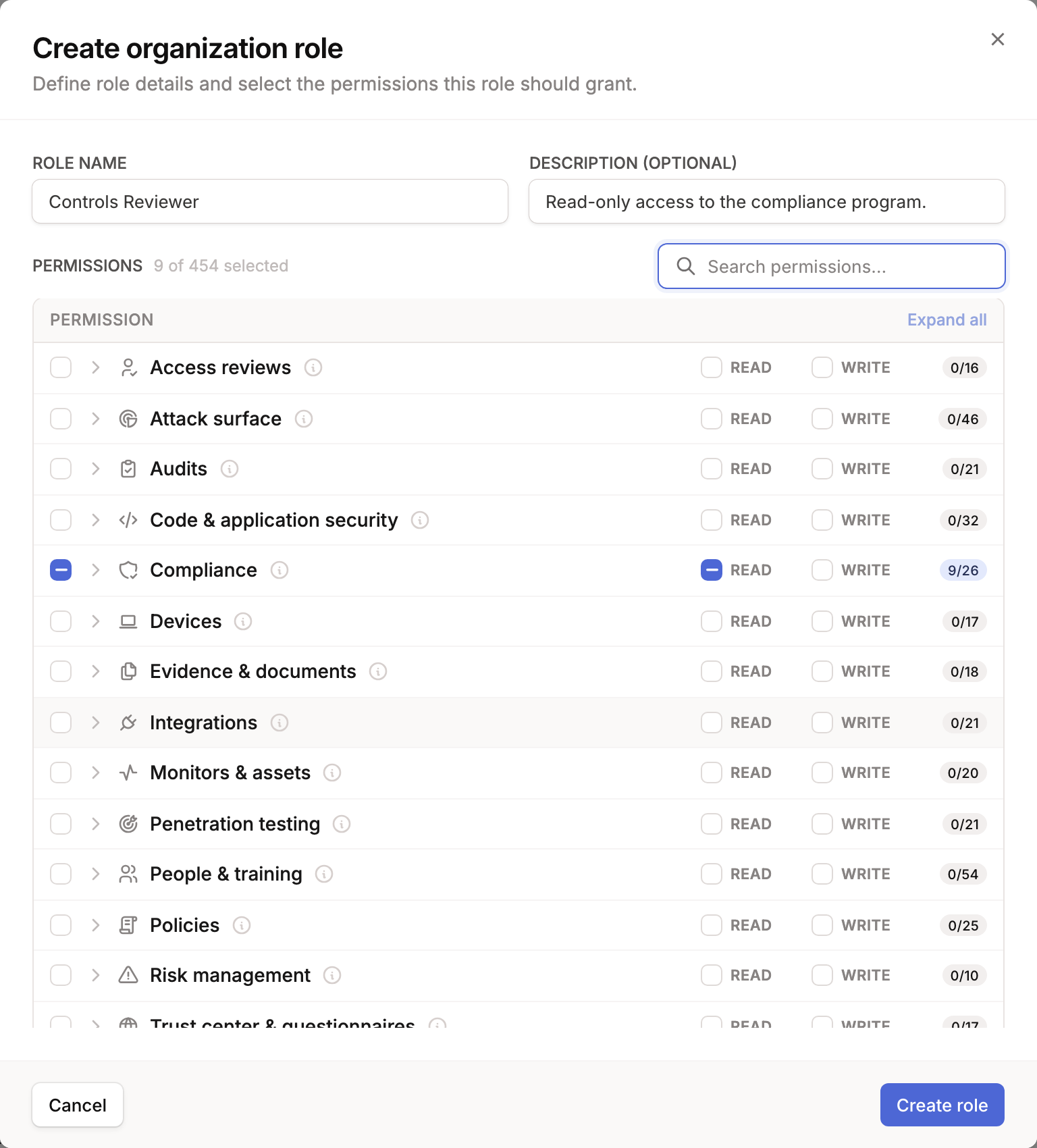 Create organization role modal filled in with a name and a partial permission selection