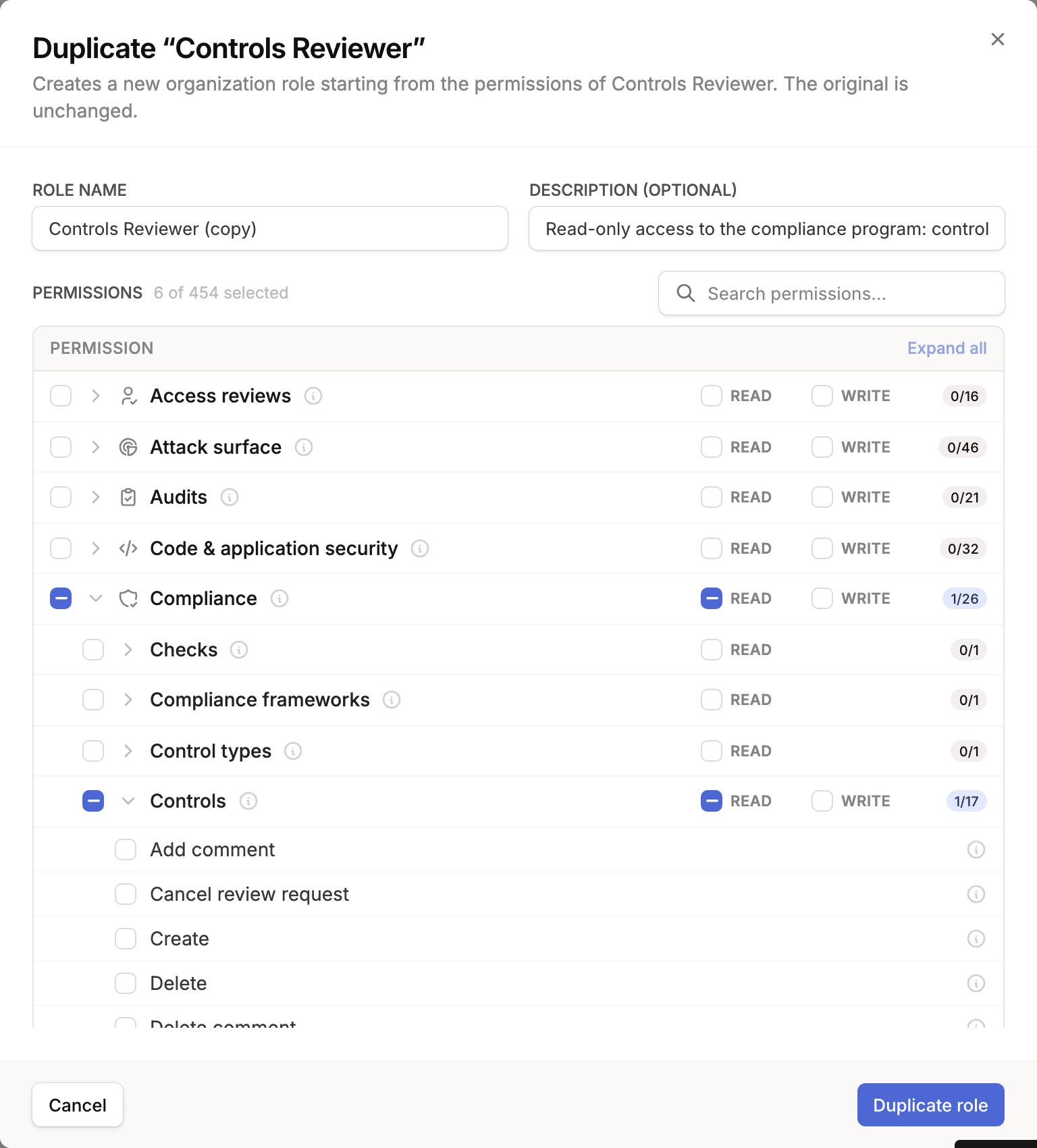 Duplicate role modal pre-filled from an existing role's permissions