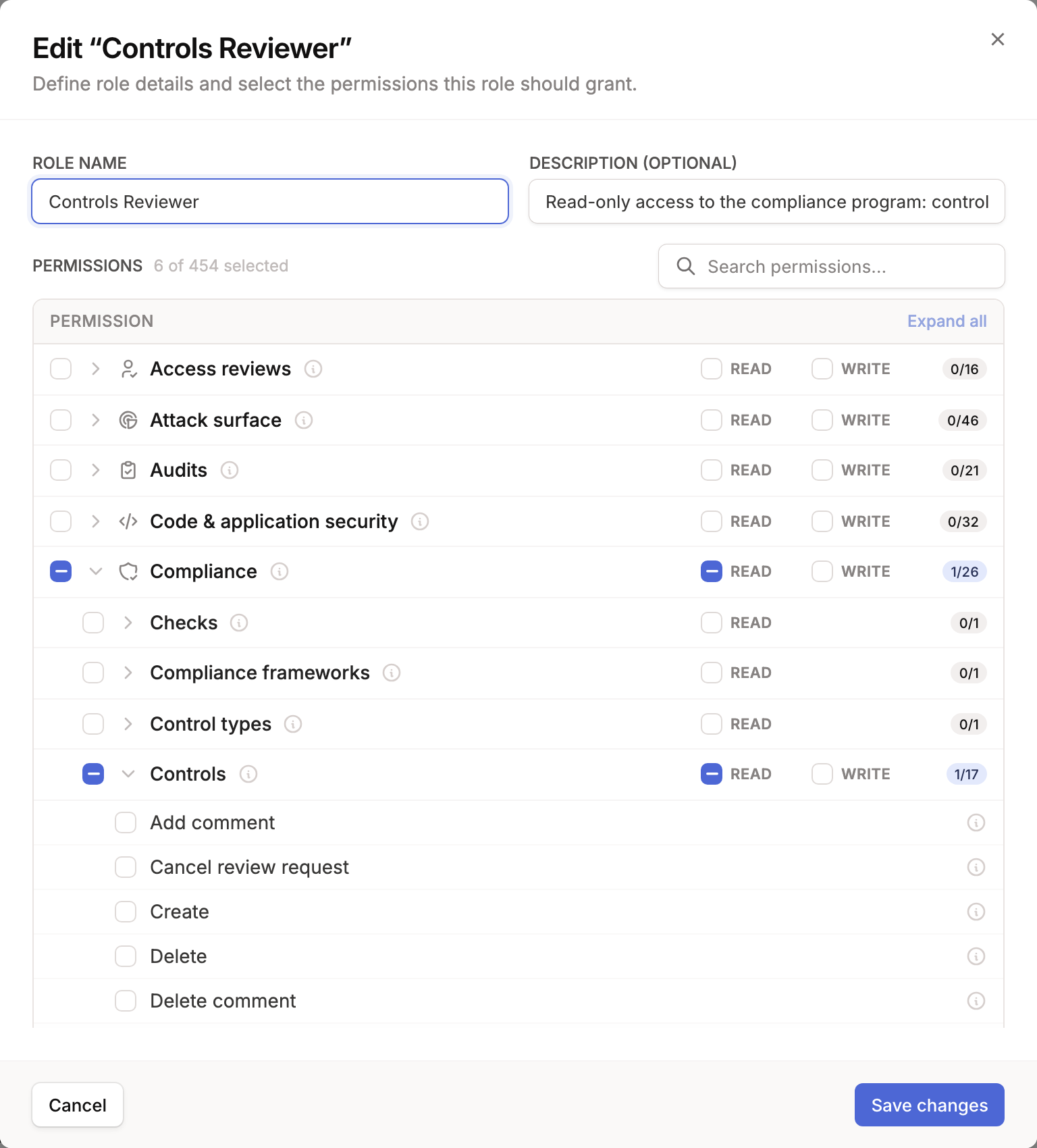 Edit organization role modal with the role's current permissions selected