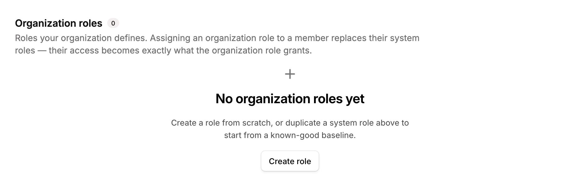 Empty Organization roles section showing the "No organization roles yet" state